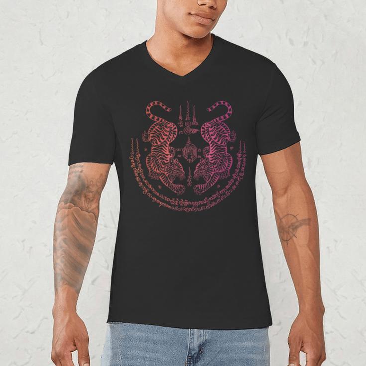 Thai Tattoo Twin Tiger Sak Yant Muay Thai Thailand Graphic Men's V-Neck T-Shirt