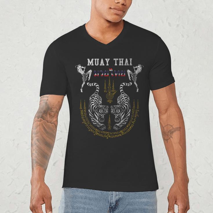 Twin Tiger Sak Yant Muay Thai Fighter Tee Martial Art Men's V-Neck T-Shirt