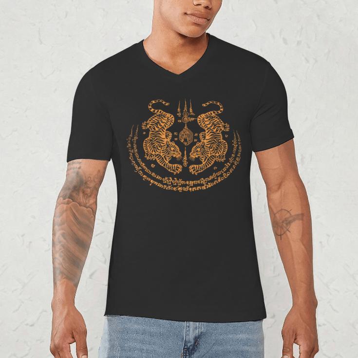 Twin Tiger Sak Yant Tattoo Muay Thai Thai Martial Arts Men's V-Neck T-Shirt Twin Tiger Sak Yant Tattoo Muay Thai Thai Martial Arts Men's V-Neck T-Shirt