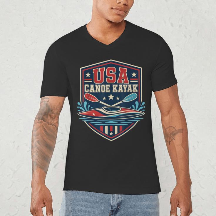 USA Canoe Kayak Paddling American Flag Emblem Men's V-Neck T-Shirt USA Canoe Kayak Paddling American Flag Emblem Men's V-Neck T-Shirt