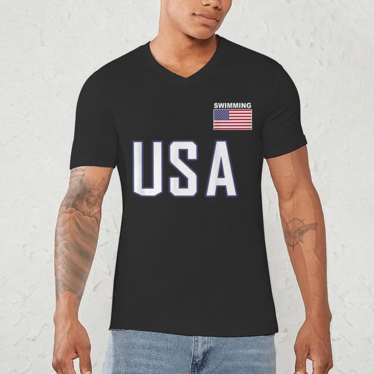 USA Flag Swim Swimming Sport Practice Equipment Men Women Men's V-Neck T-Shirt USA Flag Swim Swimming Sport Practice Equipment Men Women Men's V-Neck T-Shirt