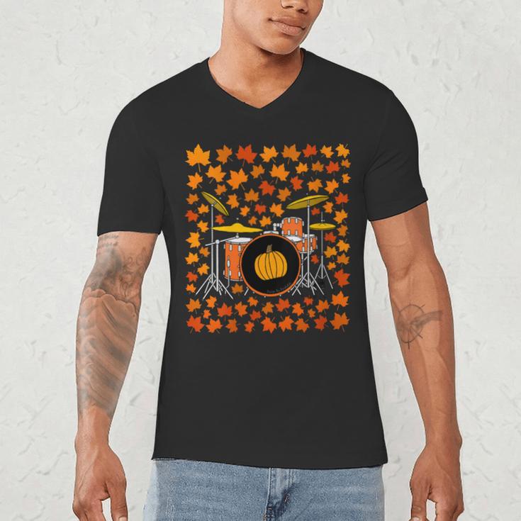 Women's Drum Kit With Leaves Fall Drummer Autumn Musician Men's V-Neck T-Shirt