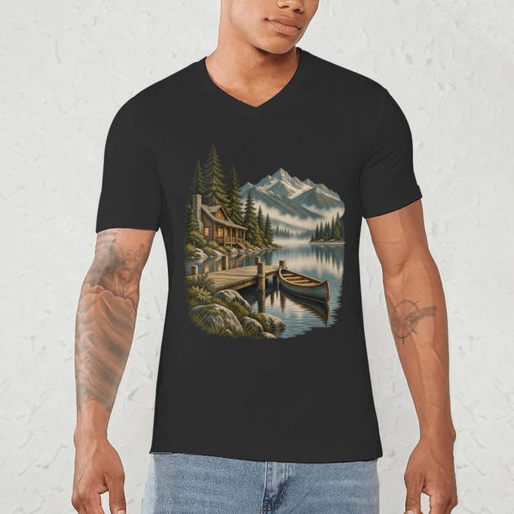 Women's Lakeside Canoe Cabin Escape Scene Men's V-Neck T-Shirt