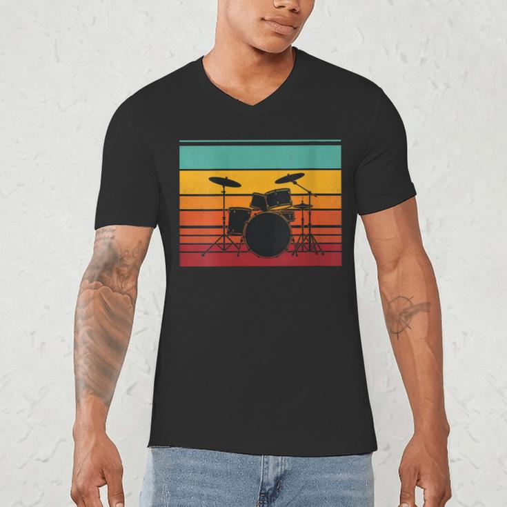 Women's Retro Drum Kit Silhouette With Color Stripes Men's V-Neck T-Shirt Women's Retro Drum Kit Silhouette With Color Stripes Men's V-Neck T-Shirt