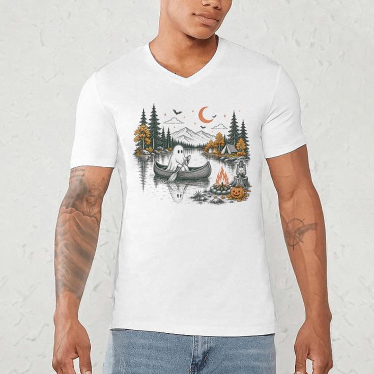 Canoe Ghost Camping Ghost Lake Halloween Spooky Fall Camping Men's V-Neck T-Shirt