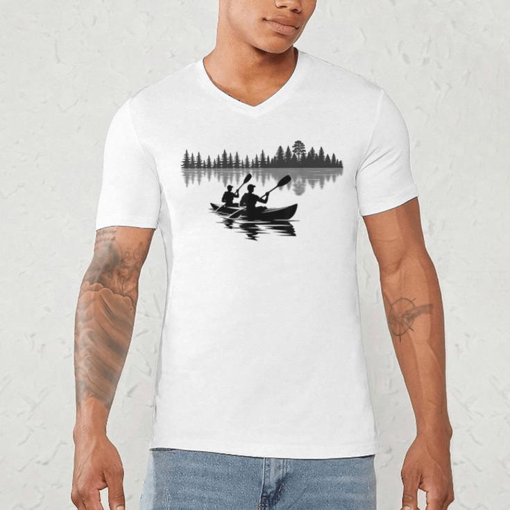Canoe Silhouette Forest Lake Reflection Men's V-Neck T-Shirt Canoe Silhouette Forest Lake Reflection Men's V-Neck T-Shirt