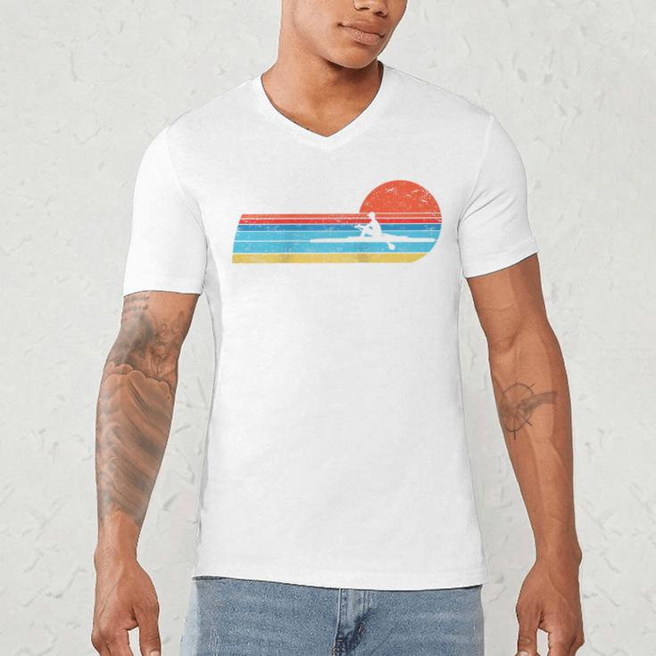 Canoes-Rowing Canoe-Rower Canoeing-Canoeist Vintage Canoes Raglan Baseball Tee Men's V-Neck T-Shirt Canoes-Rowing Canoe-Rower Canoeing-Canoeist Vintage Canoes Raglan Baseball Tee Men's V-Neck T-Shirt