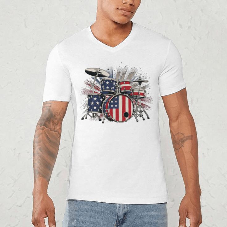 Drum Kit With American Flag Graphic For Musicians Men's V-Neck T-Shirt Drum Kit With American Flag Graphic For Musicians Men's V-Neck T-Shirt