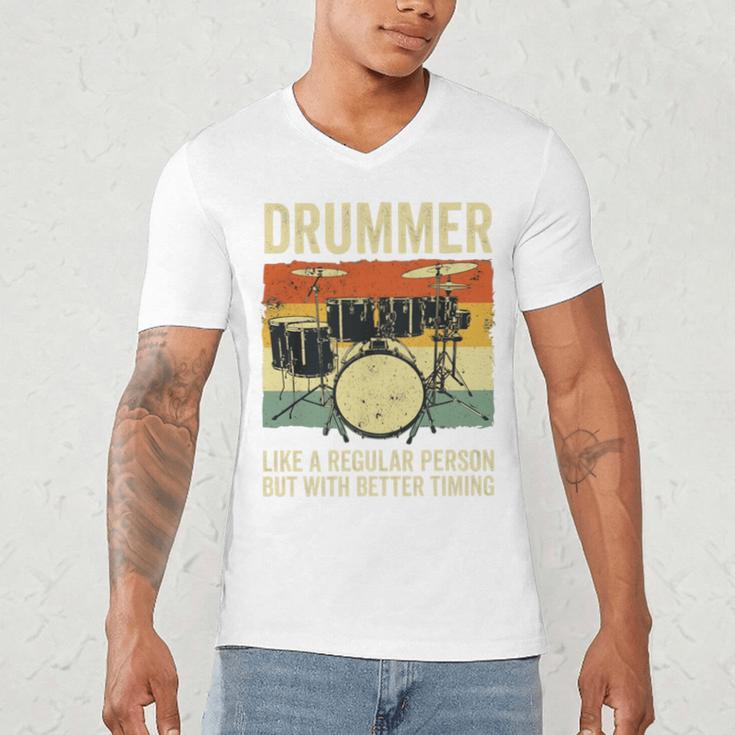 Drummer Better Timing Retro Vintage Sunset Drum Kit Graphic Men's V-Neck T-Shirt Drummer Better Timing Retro Vintage Sunset Drum Kit Graphic Men's V-Neck T-Shirt