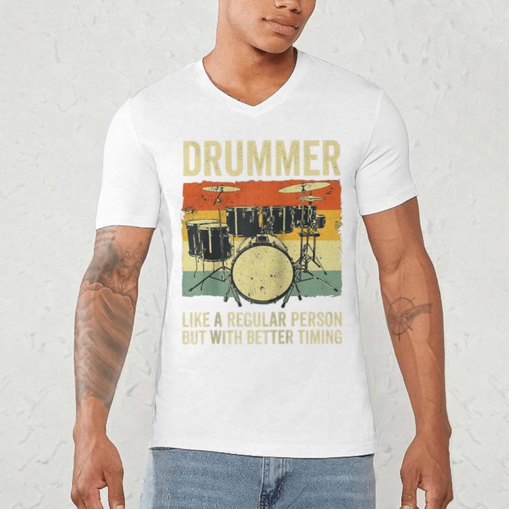 Drummer Better Timing Retro Vintage Sunset Drum Kit Graphic Raglan Baseball Tee Men's V-Neck T-Shirt
