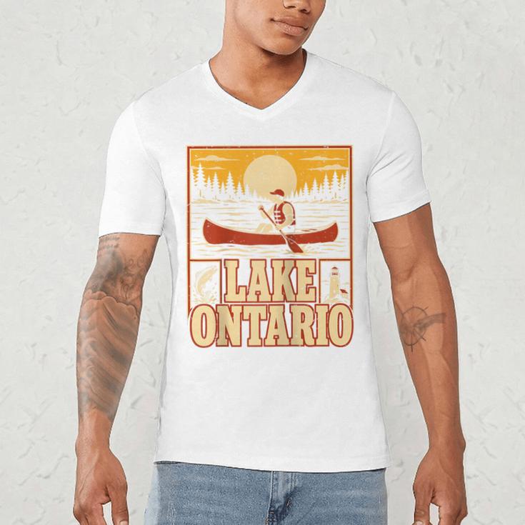 Lake Ontario Canoe Fishing Light House Sunset Retro Raglan Baseball Tee Men's V-Neck T-Shirt Lake Ontario Canoe Fishing Light House Sunset Retro Raglan Baseball Tee Men's V-Neck T-Shirt