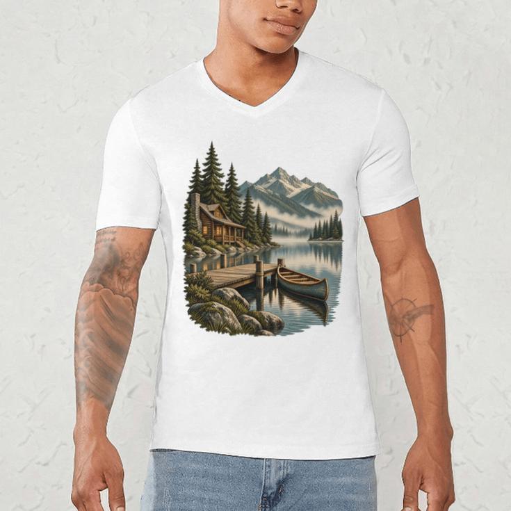 Lakeside Canoe Cabin Escape Scene Men's V-Neck T-Shirt Lakeside Canoe Cabin Escape Scene Men's V-Neck T-Shirt