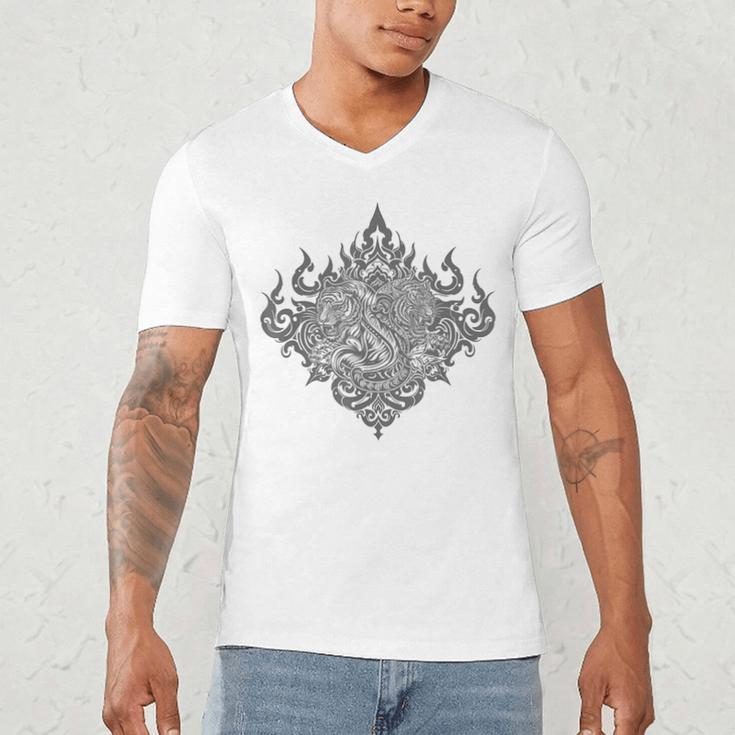 Sak Yant Muay Thai MMA Tattoo Twin Tiger Martial Art Boxing Men's V-Neck T-Shirt