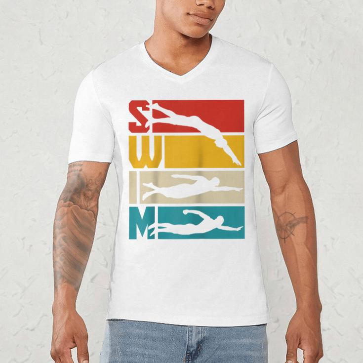 Swim Swimming Vintage Retro Swimmer Raglan Baseball Tee Men's V-Neck T-Shirt