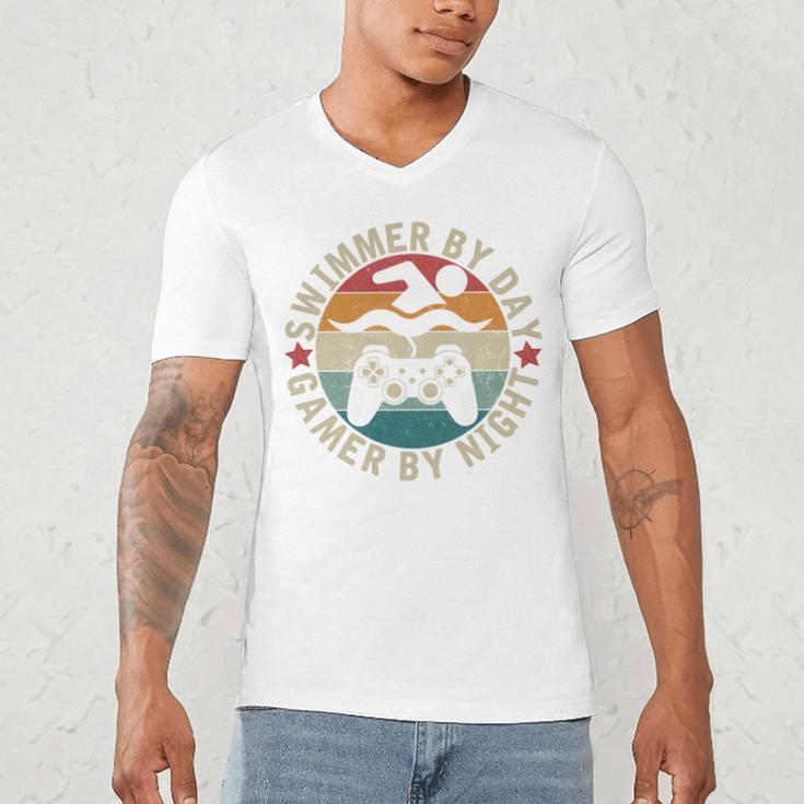 Swimmer By Day Gamer By Night Swimming Swim Gaming Men's V-Neck T-Shirt