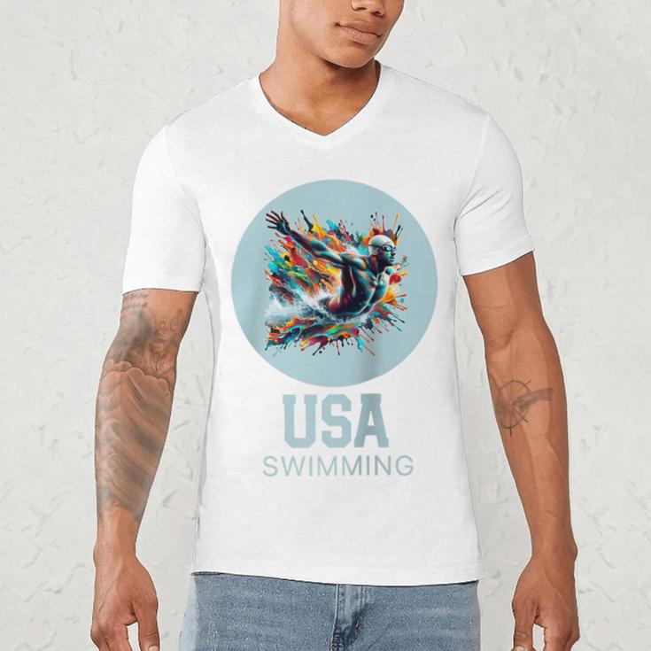 SWIMMING SPORT COMPETITIVE SWIM Raglan Baseball Tee Men's V-Neck T-Shirt SWIMMING SPORT COMPETITIVE SWIM Raglan Baseball Tee Men's V-Neck T-Shirt