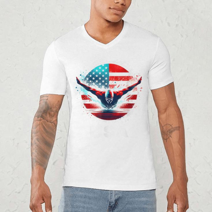 Swimming United States Shirt With American Flag Swimming Men's V-Neck T-Shirt