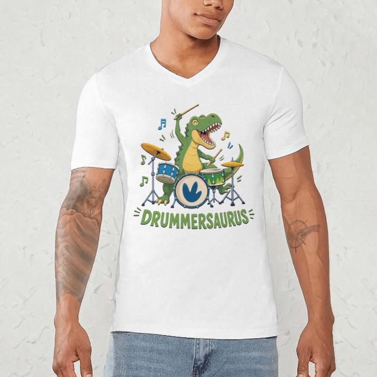 T-Rex Drumming With Drum Kit And Musical Notes Men's V-Neck T-Shirt T-Rex Drumming With Drum Kit And Musical Notes Men's V-Neck T-Shirt