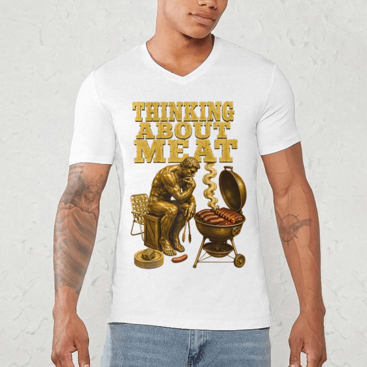 Thinking About Meat BBQ Dad Humor Raglan Baseball Tee Men's V-Neck T-Shirt Thinking About Meat BBQ Dad Humor Raglan Baseball Tee Men's V-Neck T-Shirt