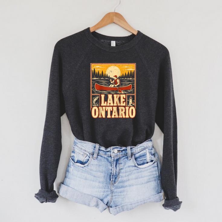 Lake Ontario Canoe Fishing Light House Sunset Retro Raglan Baseball Tee Raglan Sleeve Sweatshirt