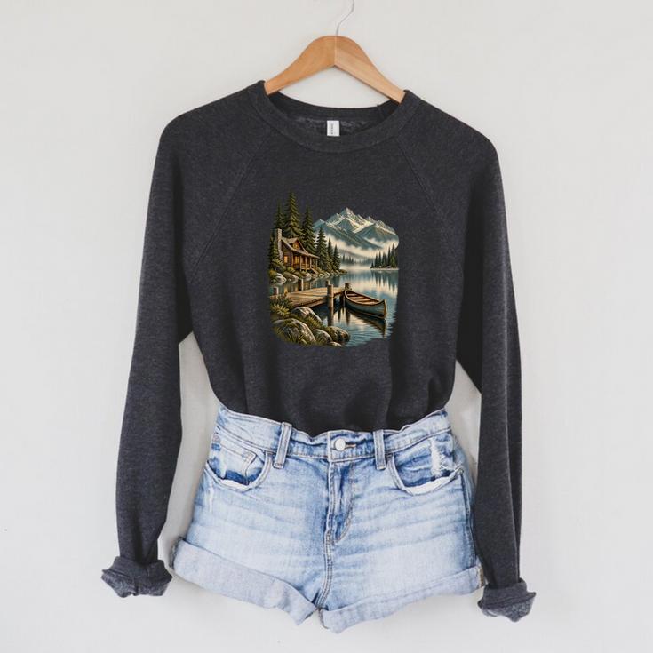 Lakeside Canoe Cabin Escape Scene Raglan Baseball Tee Raglan Sleeve Sweatshirt