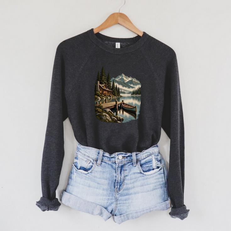 Lakeside Canoe Cabin Escape Scene Raglan Sleeve Sweatshirt Lakeside Canoe Cabin Escape Scene Raglan Sleeve Sweatshirt