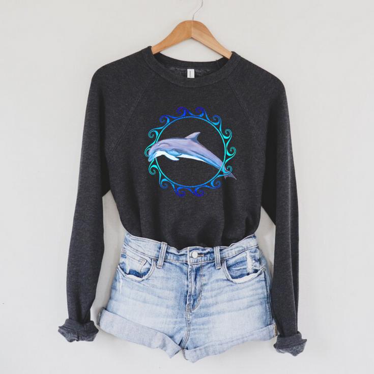 Swimming Dolphin Maori Sun Tribal Waves 2-Sided Raglan Sleeve Sweatshirt