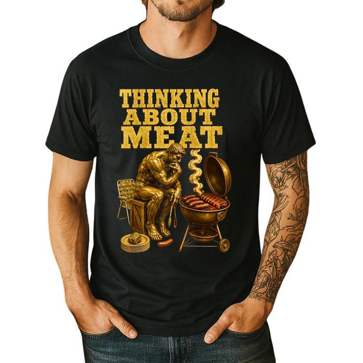 Thinking About Meat BBQ Dad Humor Raglan Baseball Tee Men's Casual T-Shirt