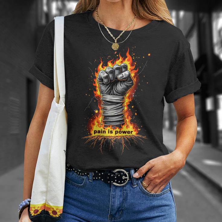 Dolor Es Poder Puño Fuego Boxeo Camiseta unisex Regalos para ella