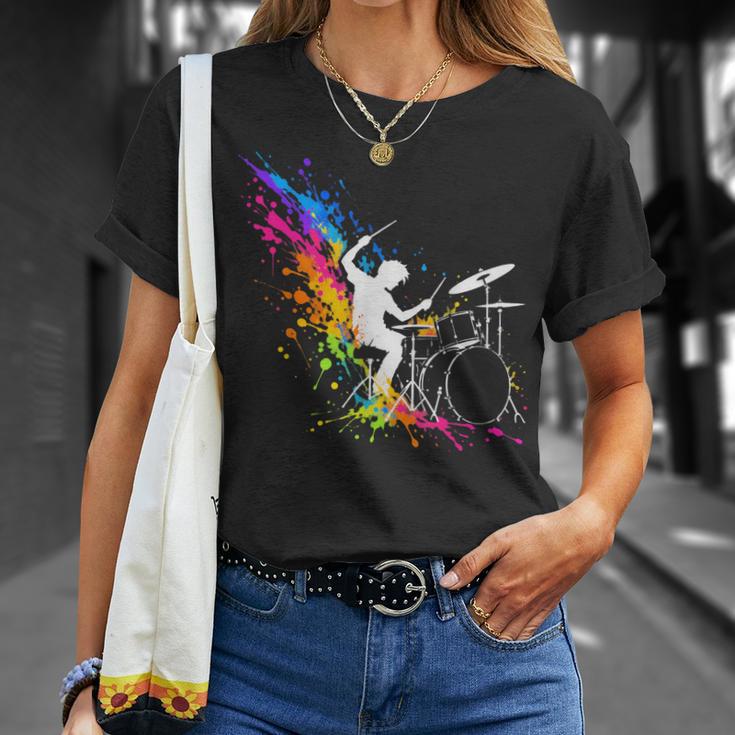 Drummer Silhouette Drum Kit Splatter Art T-Shirt Gifts for Her