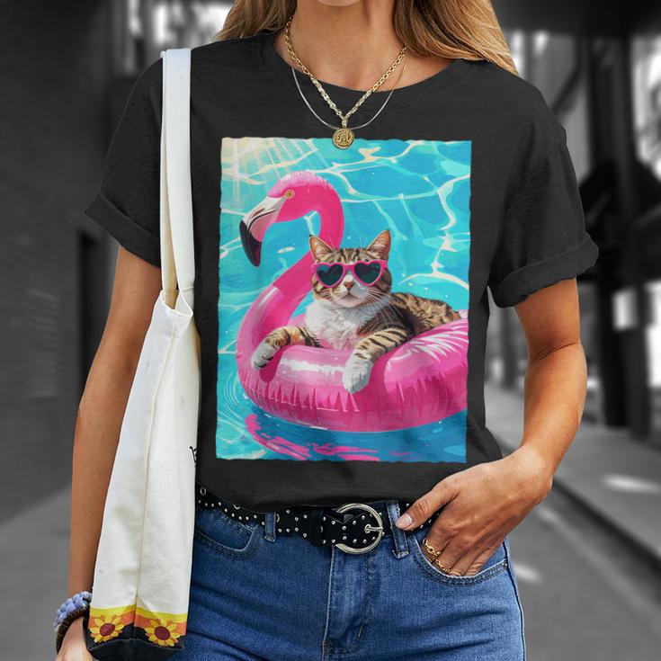 Gato Divertido Flamenco Rosa Flotador Gafas Corazónerano Camiseta unisex Regalos para ella