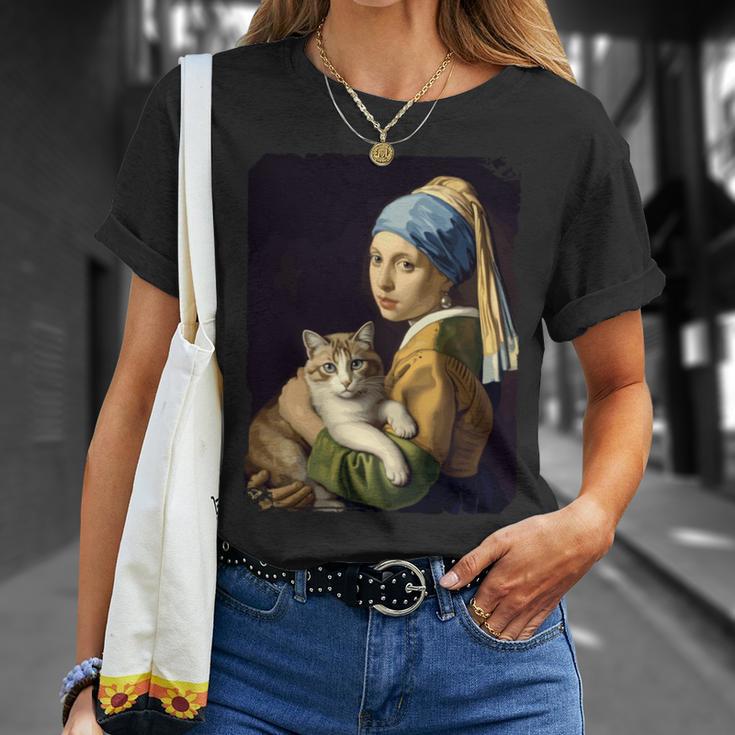 Girl With A Pearl Earring And A Cat 名画パロディ アート猫 長袖tシャツ Tシャツ 彼女への贈り物