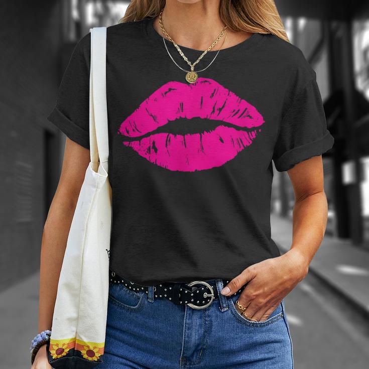 Lippenstift Print 80Er Jahre Hot Pink Lips Kiss Print Lippenprint T-Shirt Geschenke für Sie