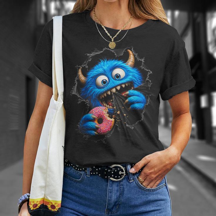 Monstruo Azul Peludo Con Donut Humor Goloso En Ilusión 3D Camiseta unisex Regalos para ella
