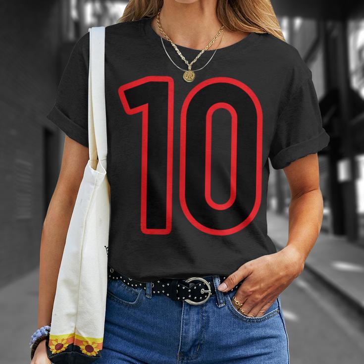 Número 10 Deporte Rojo Negro Número Universitario Camiseta unisex Regalos para ella