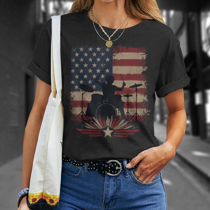 Patriotic Drum Kit Silhouette American Flag T-Shirt Gifts for Her