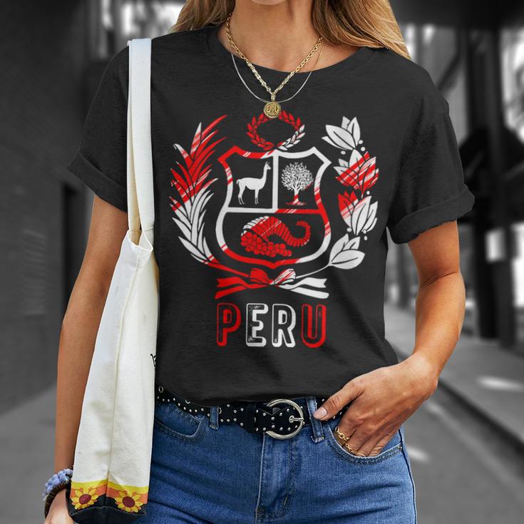 Perú Rojo-Blanco Escudo Peruano Hombres Es Niños Cuello Camiseta unisex Regalos para ella