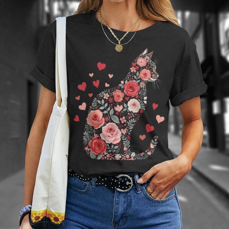 Süße Blumen Katze Für Katzen Besitzer Rosen Und Herzen T-Shirt Geschenke für Sie