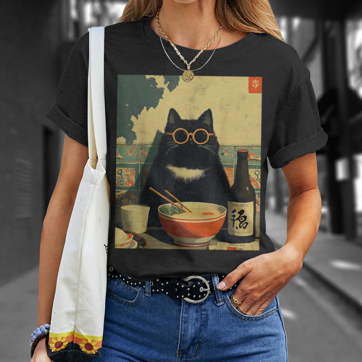 Vintage Giapponese Gatto Ramen Gatto Papà Retrò Divertente Grafica Donne Maglietta Regalos para ella