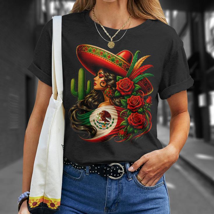 Viva Mexico Mexican Flag Floral Woman Sombrero Fiesta T-Shirt Gifts for Her