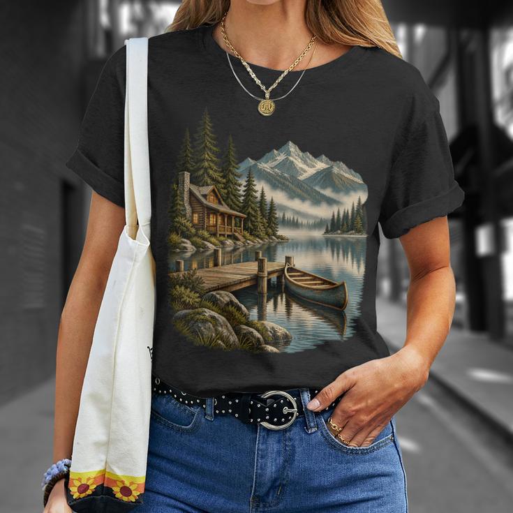 Women's Lakeside Canoe Cabin Escape Scene T-Shirt Gifts for Her Women's Lakeside Canoe Cabin Escape Scene T-Shirt Gifts for Her
