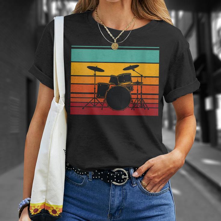 Women's Retro Drum Kit Silhouette With Color Stripes T-Shirt Gifts for Her