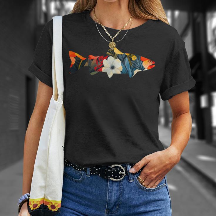 トラウト 魚 シルエット 花 ボタニカル フローラル Tシャツ 彼女への贈り物