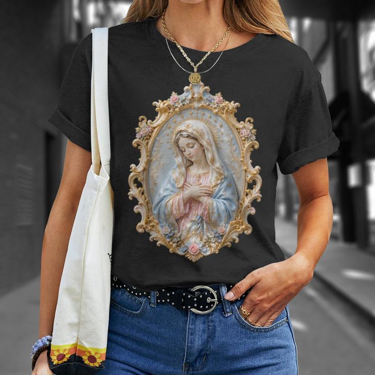 聖母マリア カトリック 祈り 花柄 神聖なアイコン 肖像画 Tシャツ 彼女への贈り物