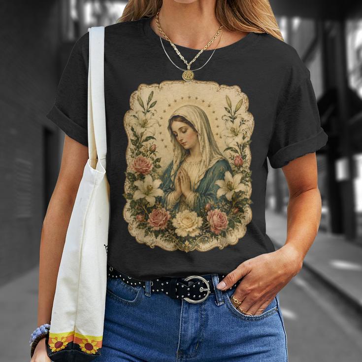 聖母マリアの祈り 花 カトリック 祈り 神聖な芸術 Tシャツ 彼女への贈り物