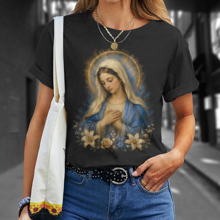 聖母マリアの祈りの肖像画 神聖な花の祈りのアート Tシャツ 彼女への贈り物