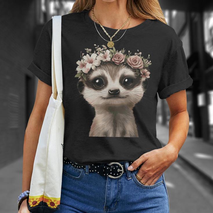 花柄クラウン付きのかわいいミーアキャット Tシャツ 彼女への贈り物