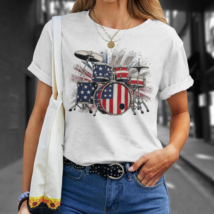 Drum Kit With American Flag Graphic For Musicians T-Shirt Gifts for Her