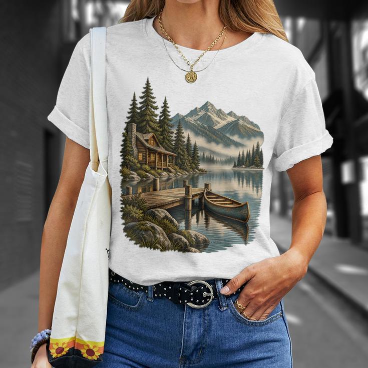 Lakeside Canoe Cabin Escape Scene Raglan Baseball Tee T-Shirt Gifts for Her