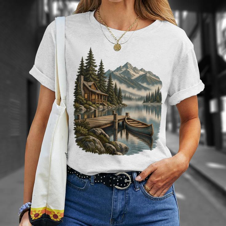 Lakeside Canoe Cabin Escape Scene T-Shirt Gifts for Her